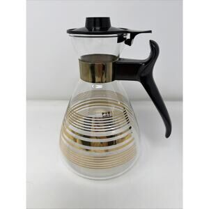 Vintage Pyrex Glass Coffee Carafe Gold Stripes 8 Cup w/Lid ~ Mid-Century ~ USA